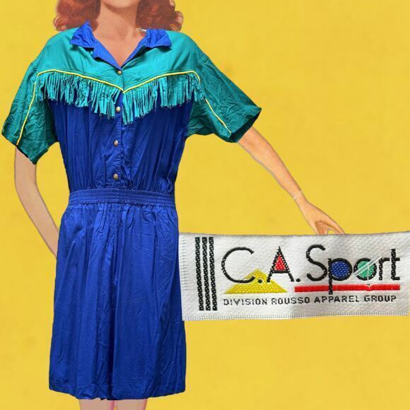 Vintage Pants - Vintage C.A. Sport Color Block Western Style Romper with Fringe Size Large - NWT